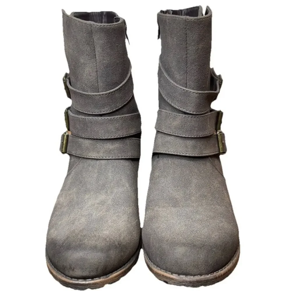 JustFab Ankle Boots Grey Womens 8.5 M Burnished Gray Black Straps Buckles